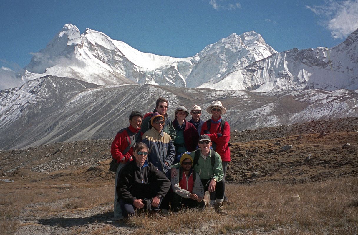 34 Gerhardt, Rajin, Jerome Ryan, Tashi, Ram, Chris, Jan, Ben And Shane With Chomolonzo and Makalu From Near Everest East Base Camp In Tibet